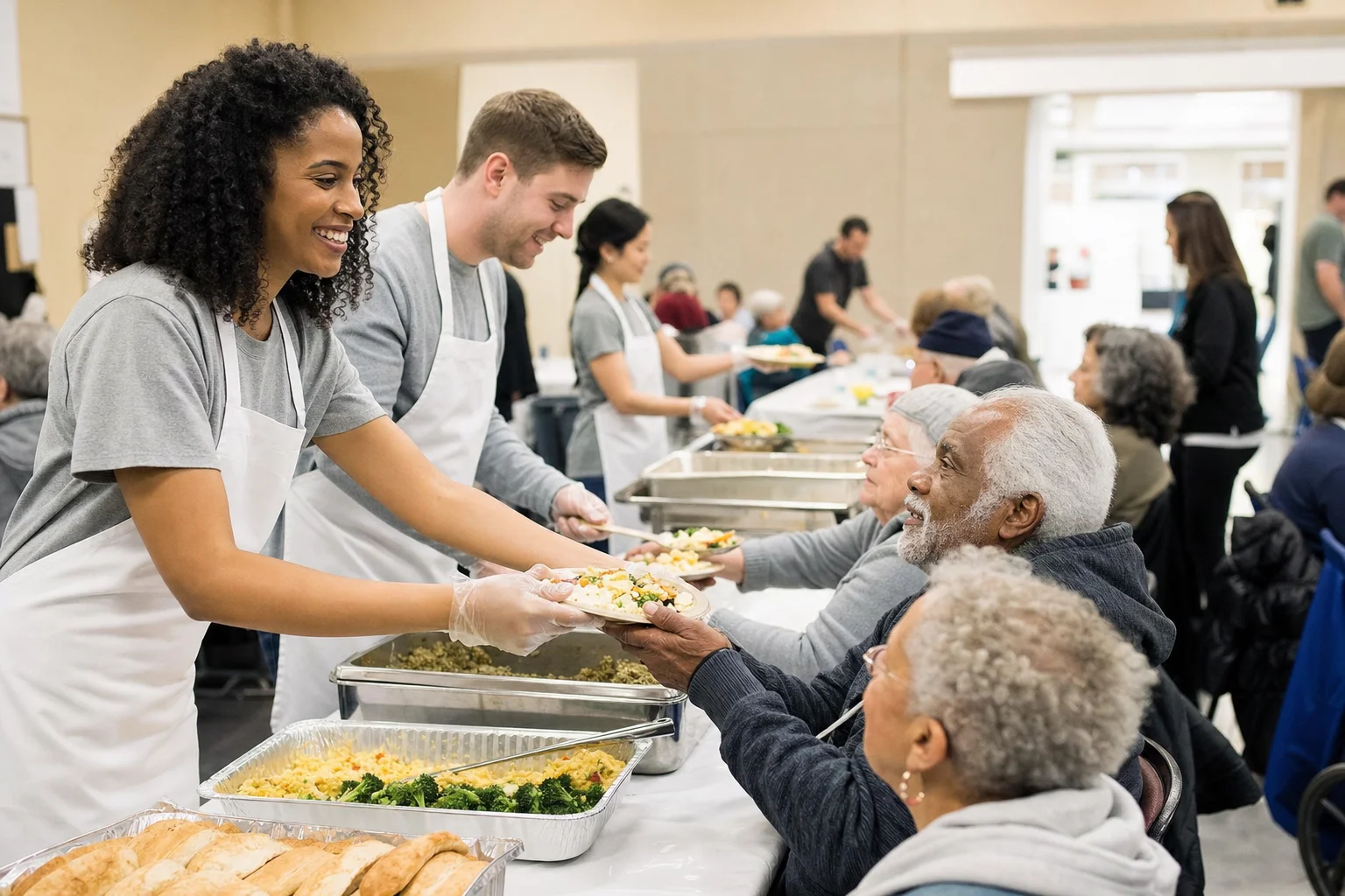Volunteers serving hot meals to elderly seniors at a community event