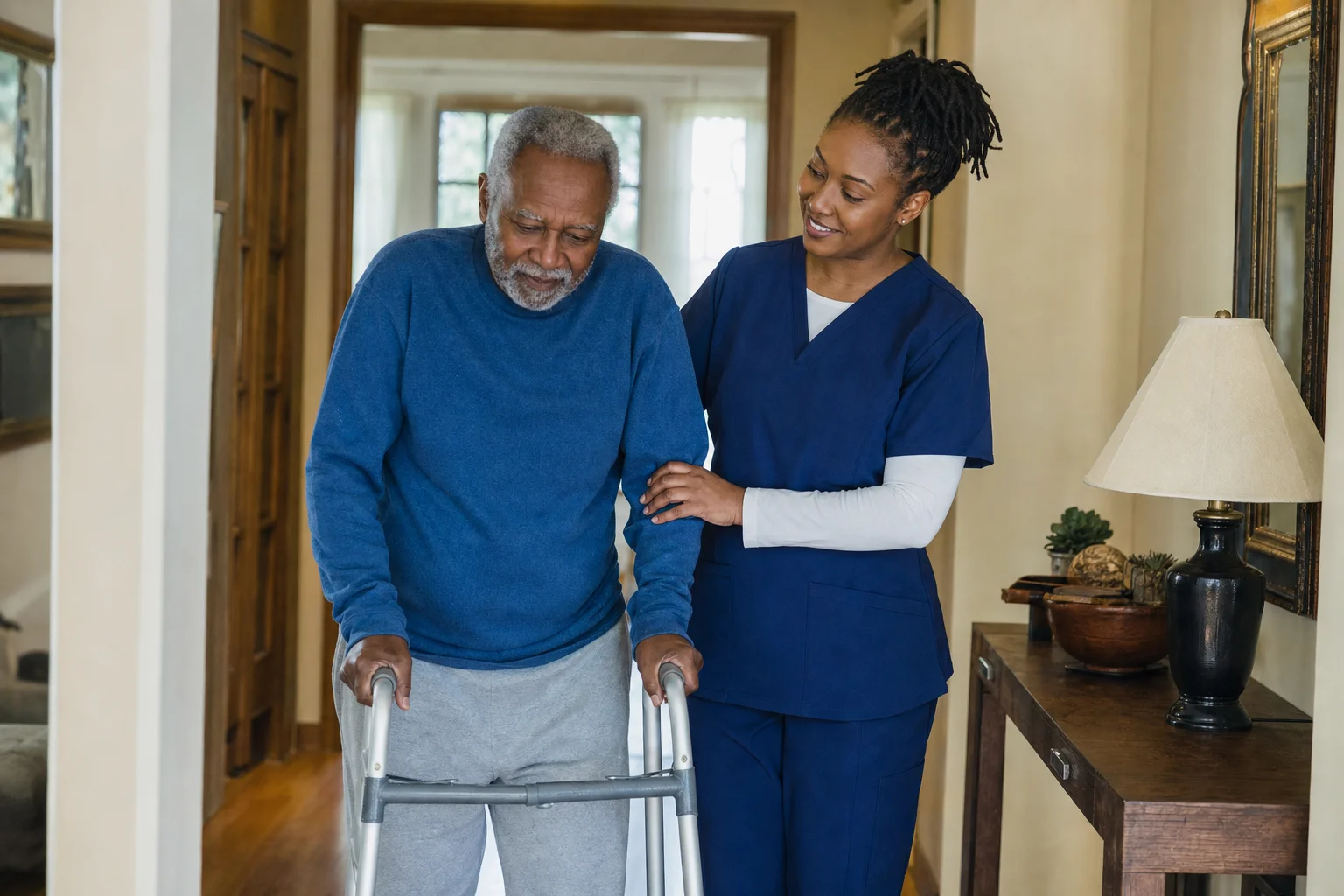 Caregiver providing mobility and transfer assistance to senior client